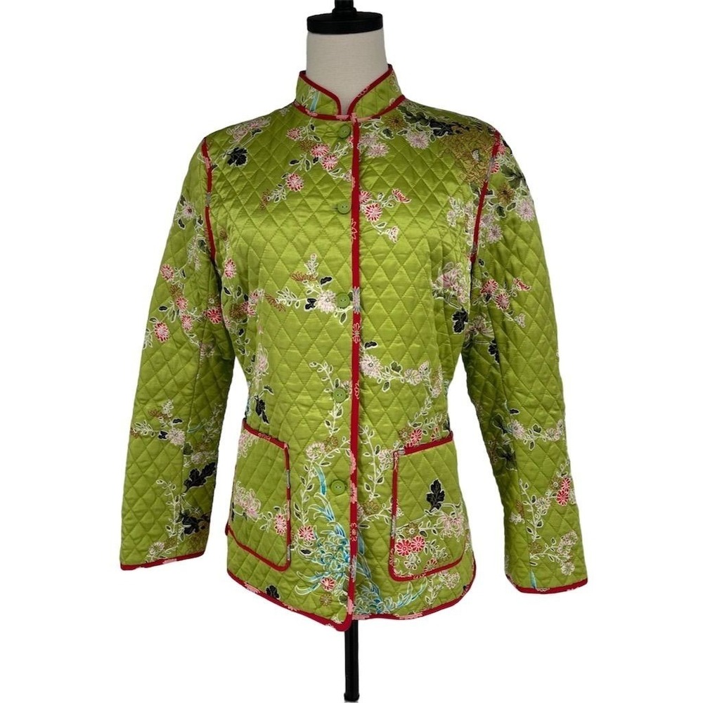 Anne Carson Women's M Green 100% Silk Quilted Floral Jacket Button Closure - Picture 1 of 9